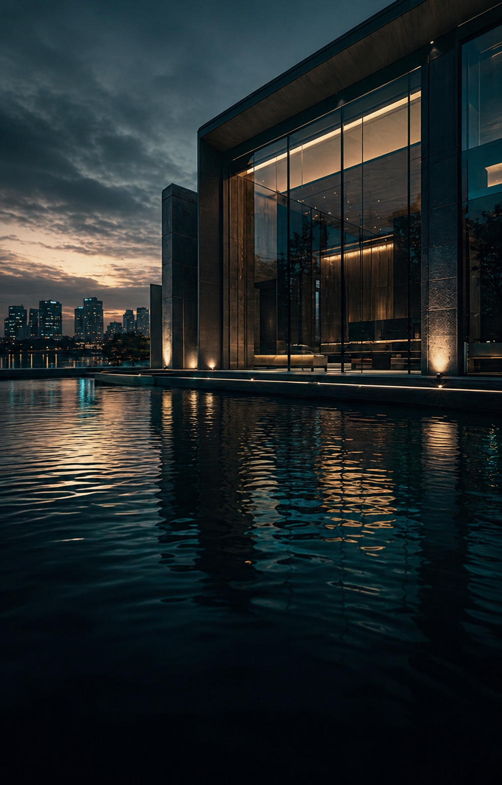 Dark waterfront banking pavilion at dusk