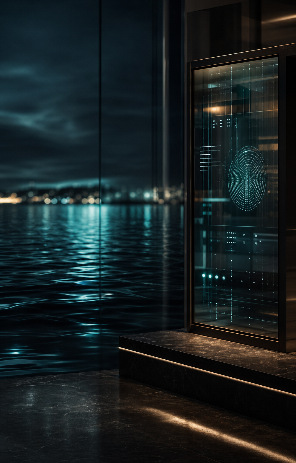 Secure digital banking interface reflected over dark water